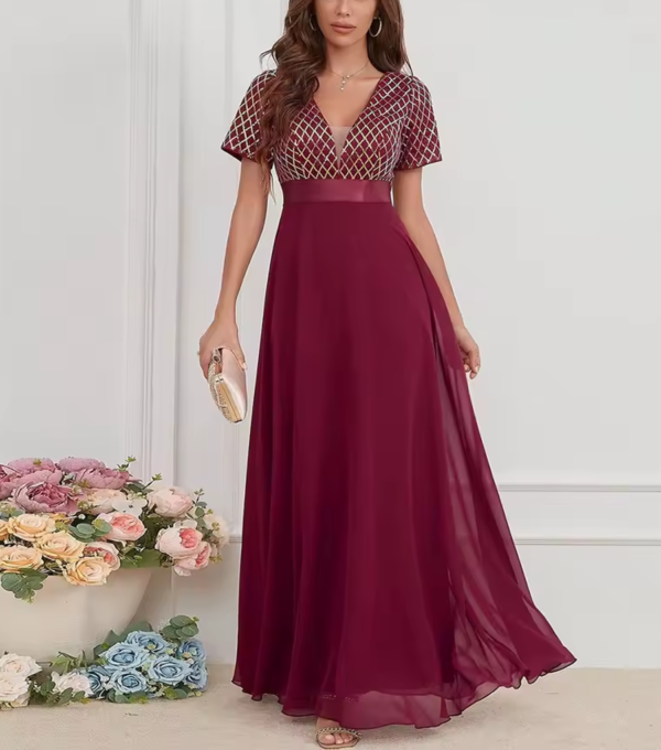 Vestido de Fiesta Largo de Gasa con Lentejuela Burdeos