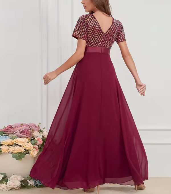Vestido de Fiesta Largo de Gasa con Lentejuela Burdeos - Imagen 2