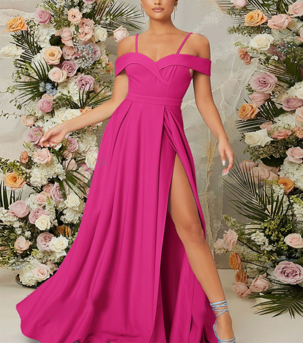 Vestido de Fiesta con Hombros Descubiertos Fucsia