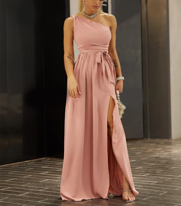Vestido de Fiesta Largo de un Hombro Rosado