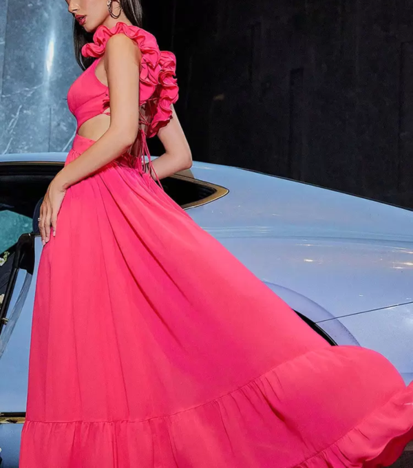 Vestido de Fiesta Flor 3D sin Mangas Rosado - Imagen 2