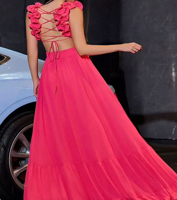 Vestido de Fiesta Flor 3D sin Mangas Rosado - Imagen 4