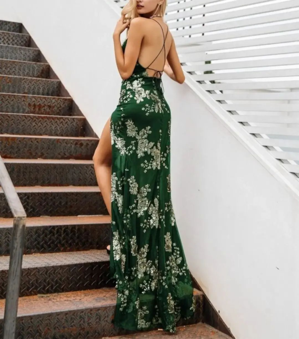 Vestido de Fiesta Floral con Lentejuelas Verde - Imagen 3
